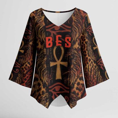 Bes Ancient Egyptian Kimono Sleeve Blouse with Leopard Print Ankh and Eye of Horus Egyptian Deity Tribute - African Pride