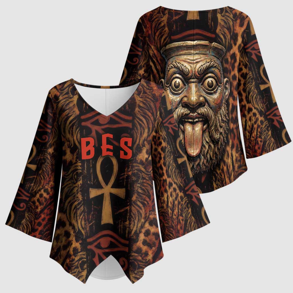 Bes Ancient Egyptian Kimono Sleeve Blouse with Leopard Print Ankh and Eye of Horus Egyptian Deity Tribute - African Pride