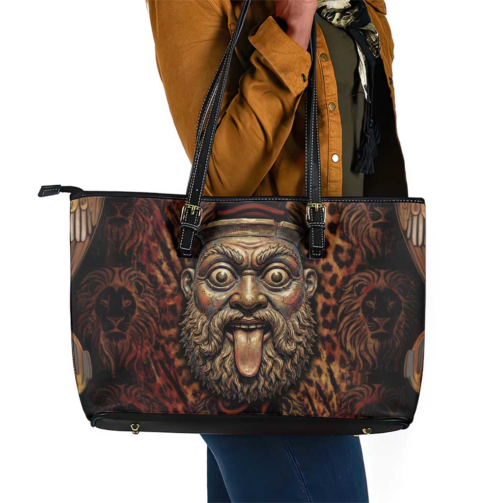 Bes Ancient Egyptian Leather Tote Bag with Leopard Print Ankh and Eye of Horus Egyptian Deity Tribute - African Pride