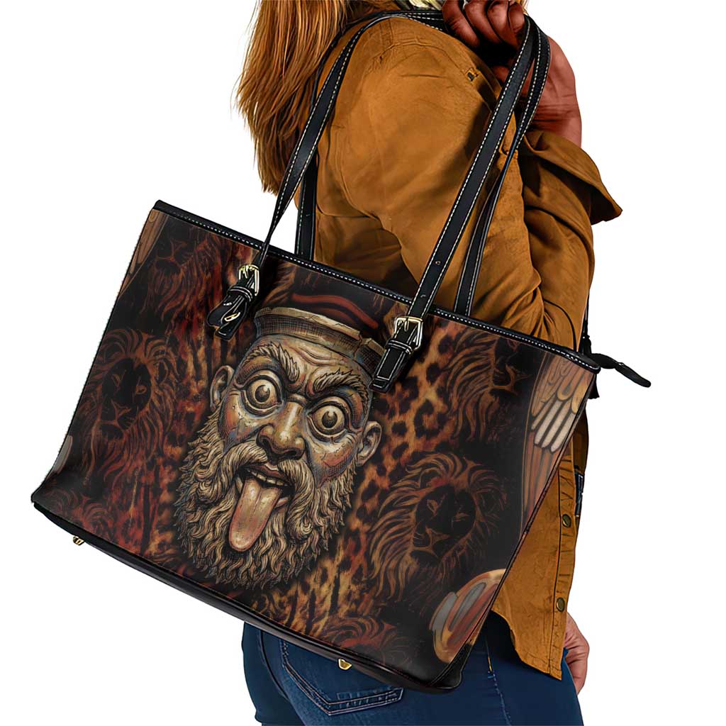 Bes Ancient Egyptian Leather Tote Bag with Leopard Print Ankh and Eye of Horus Egyptian Deity Tribute - African Pride