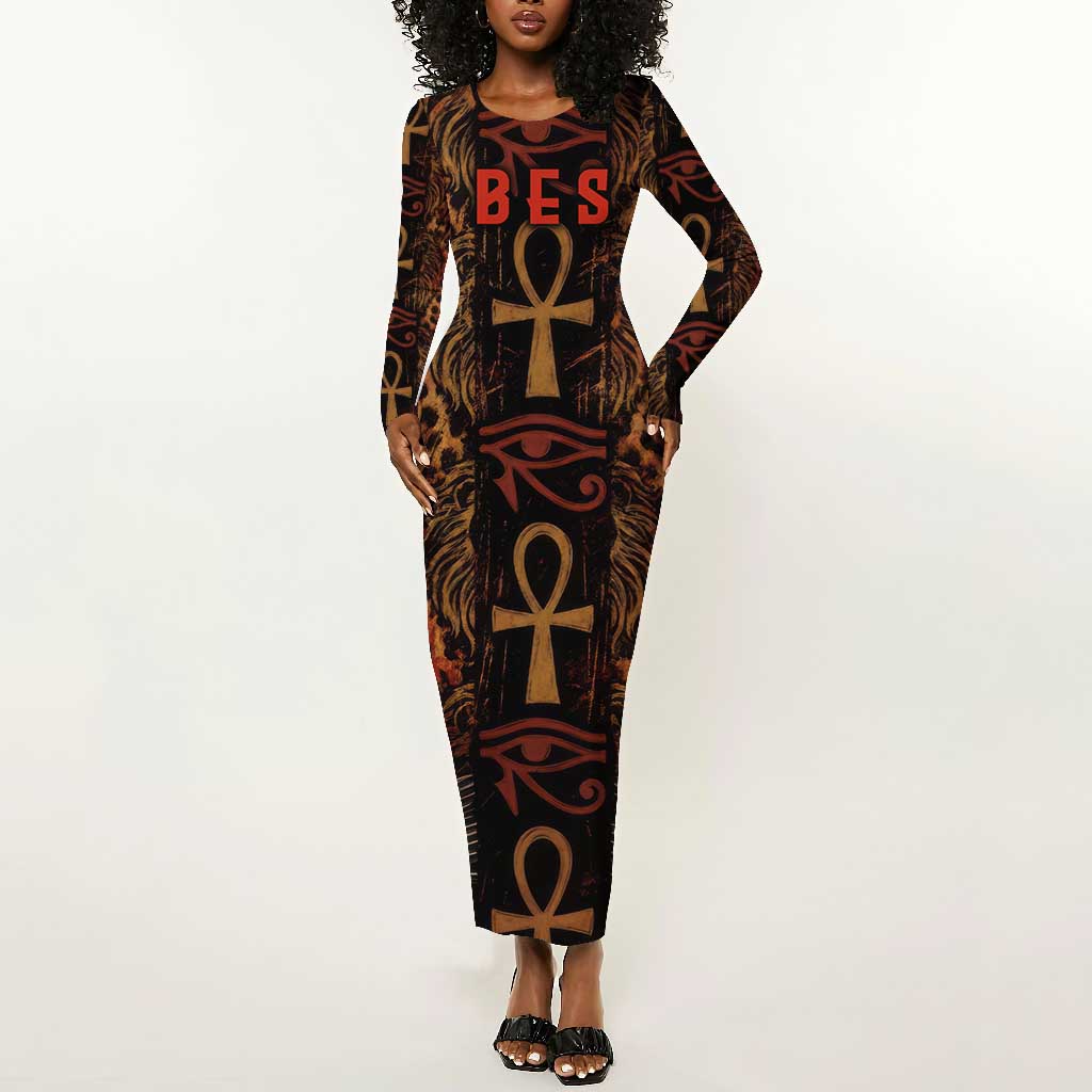 Bes Ancient Egyptian Long Sleeve Bodycon Dress with Leopard Print Ankh and Eye of Horus Egyptian Deity Tribute - African Pride