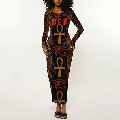 Bes Ancient Egyptian Long Sleeve Bodycon Dress with Leopard Print Ankh and Eye of Horus Egyptian Deity Tribute - African Pride