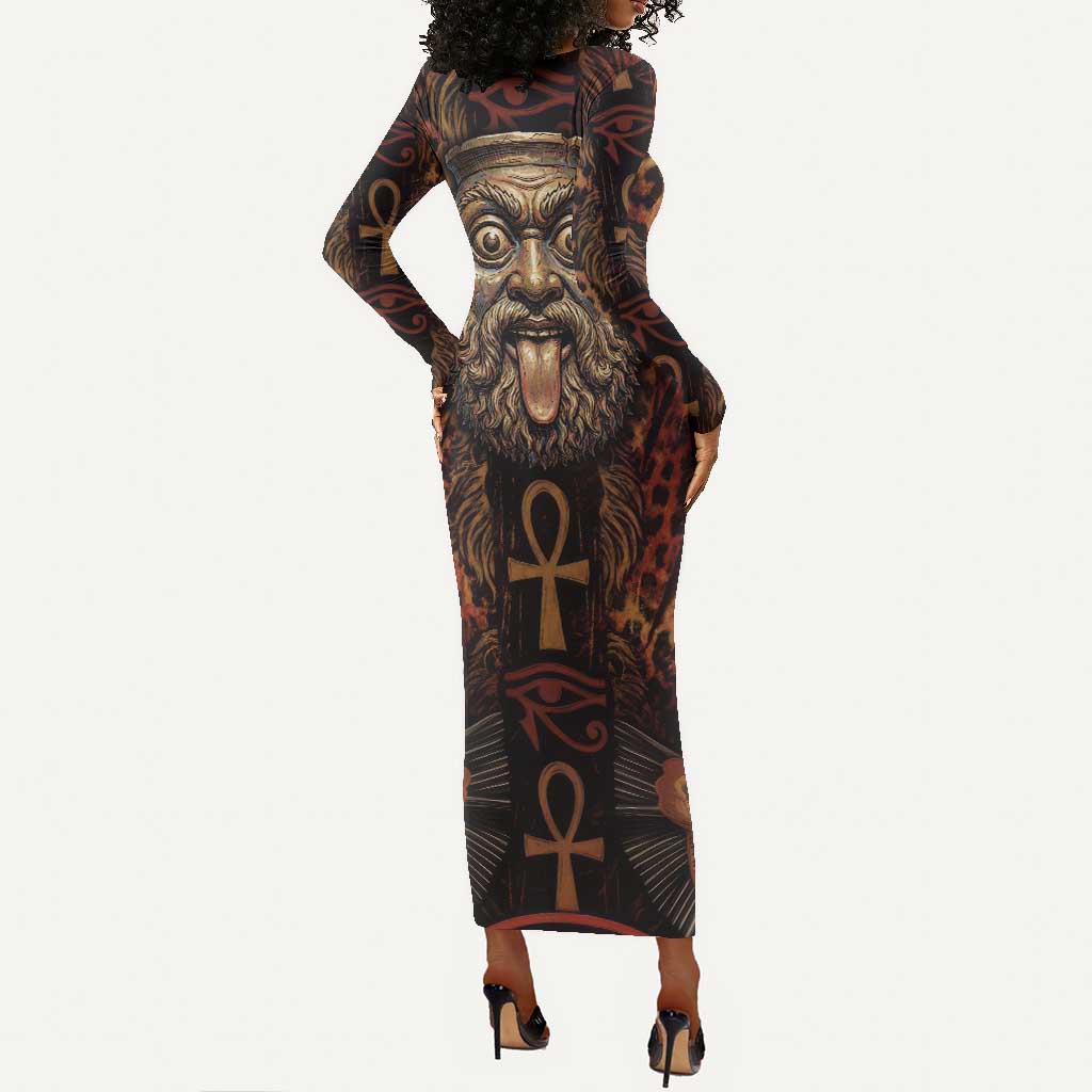 Bes Ancient Egyptian Long Sleeve Bodycon Dress with Leopard Print Ankh and Eye of Horus Egyptian Deity Tribute - African Pride