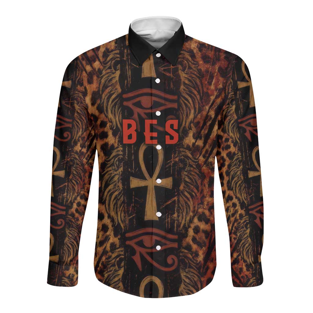 Bes Ancient Egyptian Long Sleeve Button Shirt with Leopard Print Ankh and Eye of Horus Egyptian Deity Tribute - African Pride