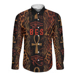 Bes Ancient Egyptian Long Sleeve Button Shirt with Leopard Print Ankh and Eye of Horus Egyptian Deity Tribute - African Pride