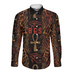 Bes Ancient Egyptian Long Sleeve Button Shirt with Leopard Print Ankh and Eye of Horus Egyptian Deity Tribute - African Pride