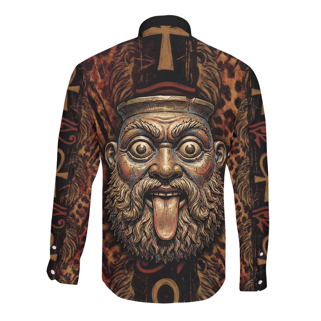 Bes Ancient Egyptian Long Sleeve Button Shirt with Leopard Print Ankh and Eye of Horus Egyptian Deity Tribute - African Pride