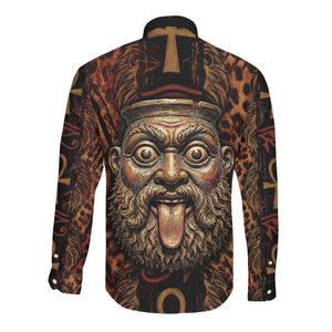Bes Ancient Egyptian Long Sleeve Button Shirt with Leopard Print Ankh and Eye of Horus Egyptian Deity Tribute - African Pride