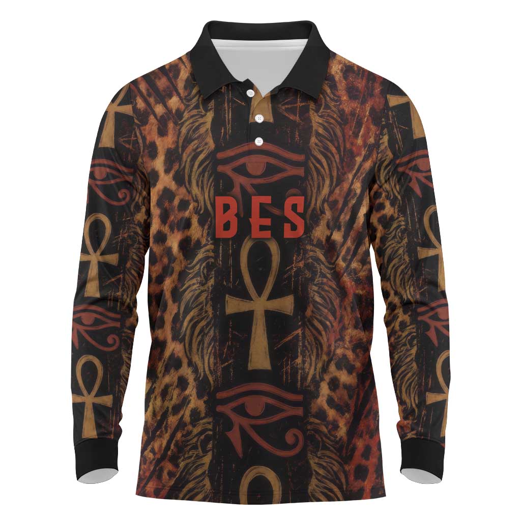 Bes Ancient Egyptian Long Sleeve Polo Shirt with Leopard Print Ankh and Eye of Horus Egyptian Deity Tribute - African Pride