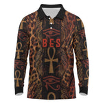 Bes Ancient Egyptian Long Sleeve Polo Shirt with Leopard Print Ankh and Eye of Horus Egyptian Deity Tribute - African Pride