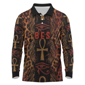 Bes Ancient Egyptian Long Sleeve Polo Shirt with Leopard Print Ankh and Eye of Horus Egyptian Deity Tribute - African Pride