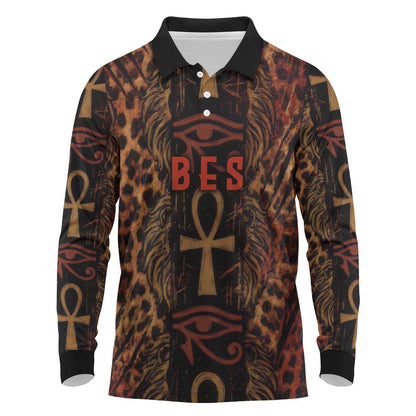 Bes Ancient Egyptian Long Sleeve Polo Shirt with Leopard Print Ankh and Eye of Horus Egyptian Deity Tribute - African Pride