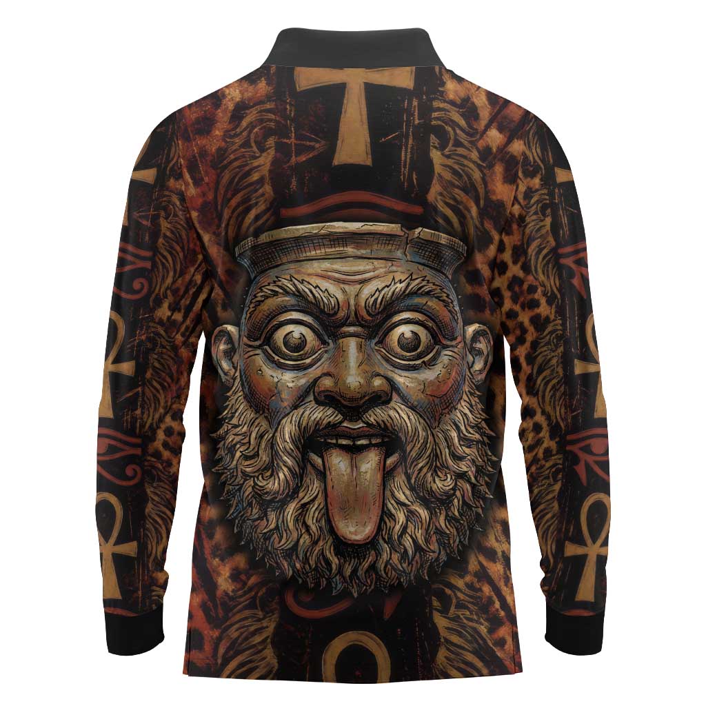 Bes Ancient Egyptian Long Sleeve Polo Shirt with Leopard Print Ankh and Eye of Horus Egyptian Deity Tribute - African Pride