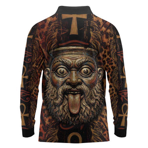 Bes Ancient Egyptian Long Sleeve Polo Shirt with Leopard Print Ankh and Eye of Horus Egyptian Deity Tribute - African Pride