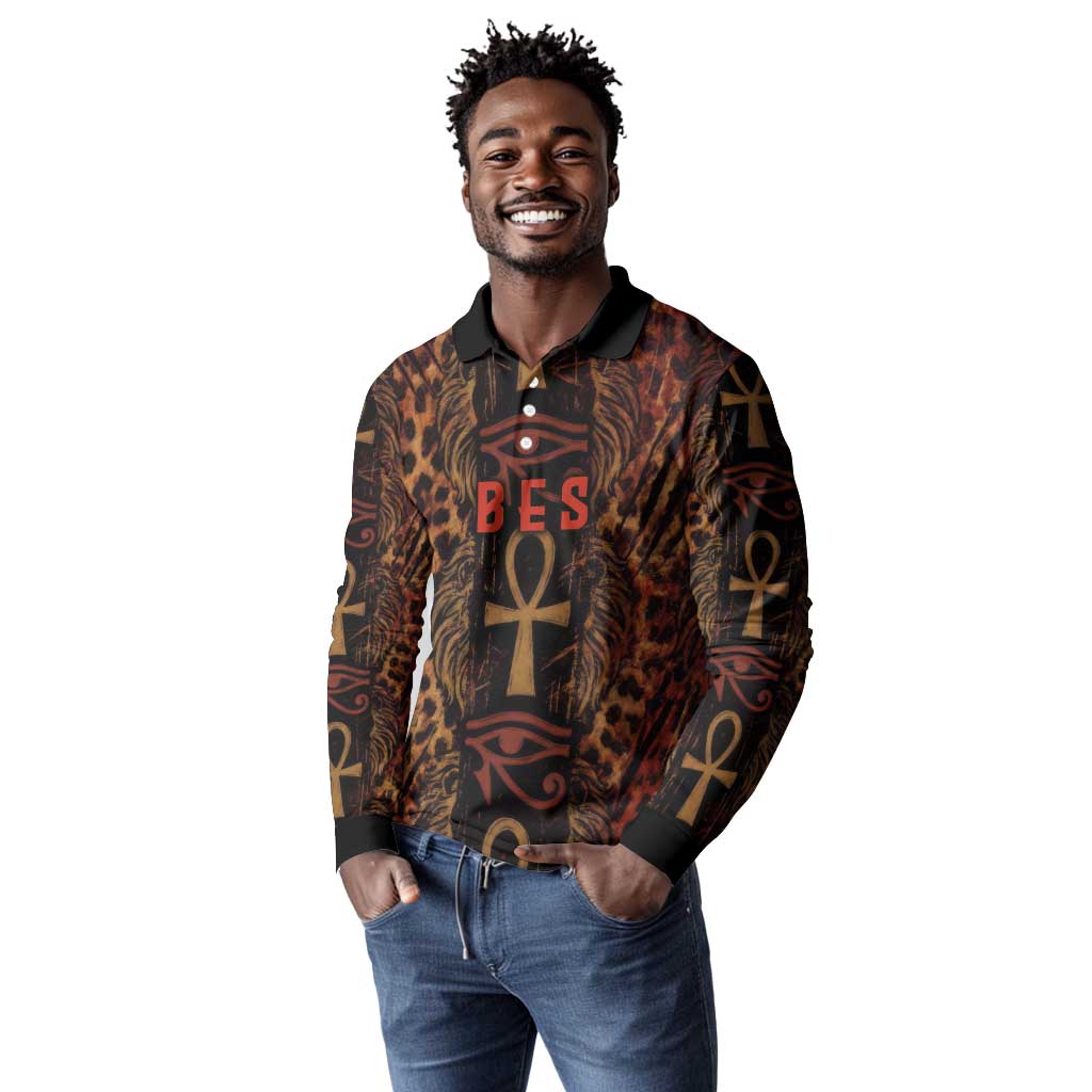 Bes Ancient Egyptian Long Sleeve Polo Shirt with Leopard Print Ankh and Eye of Horus Egyptian Deity Tribute - African Pride