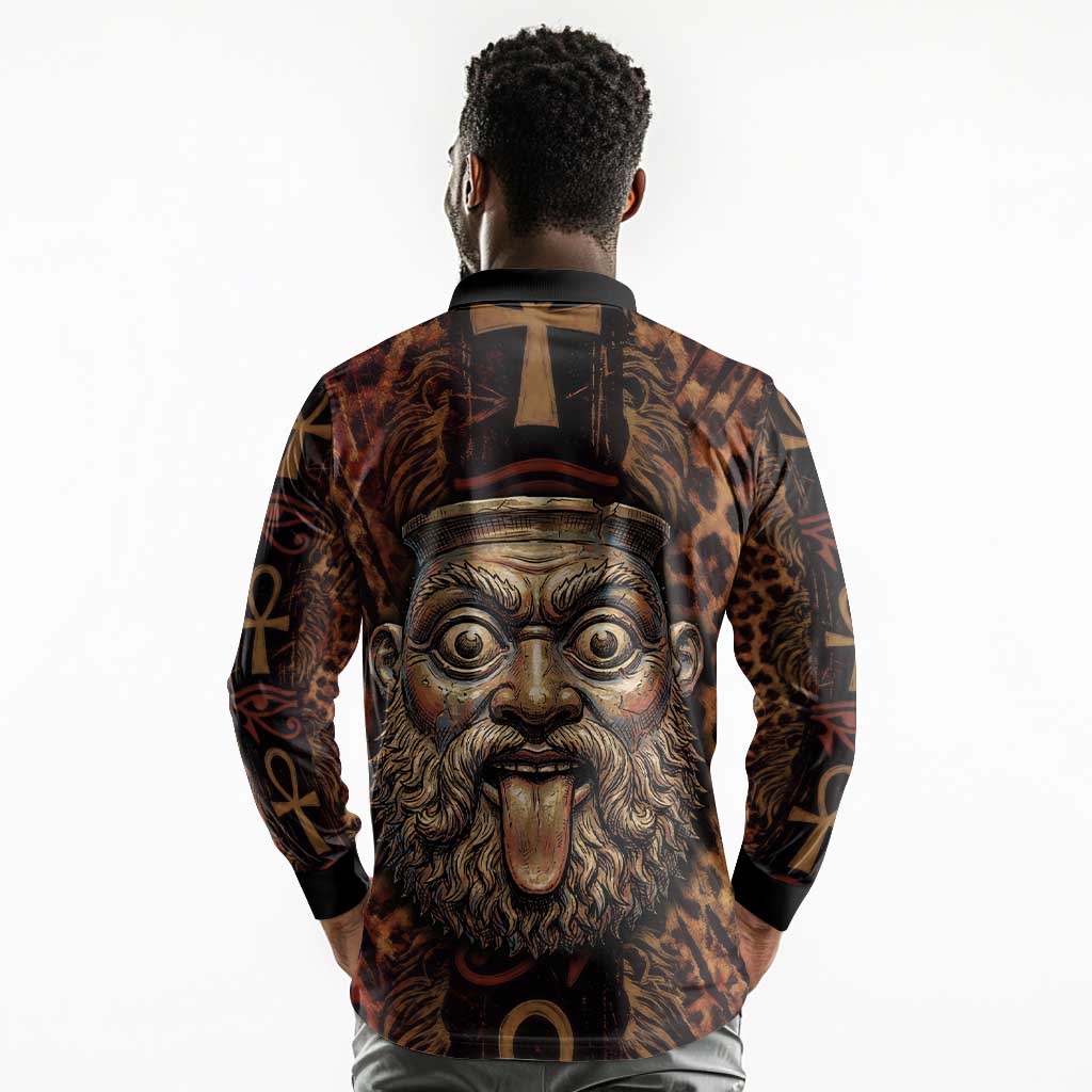 Bes Ancient Egyptian Long Sleeve Polo Shirt with Leopard Print Ankh and Eye of Horus Egyptian Deity Tribute - African Pride