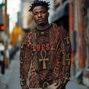 Bes Ancient Egyptian Long Sleeve Shirt with Leopard Print Ankh and Eye of Horus Egyptian Deity Tribute - African Pride