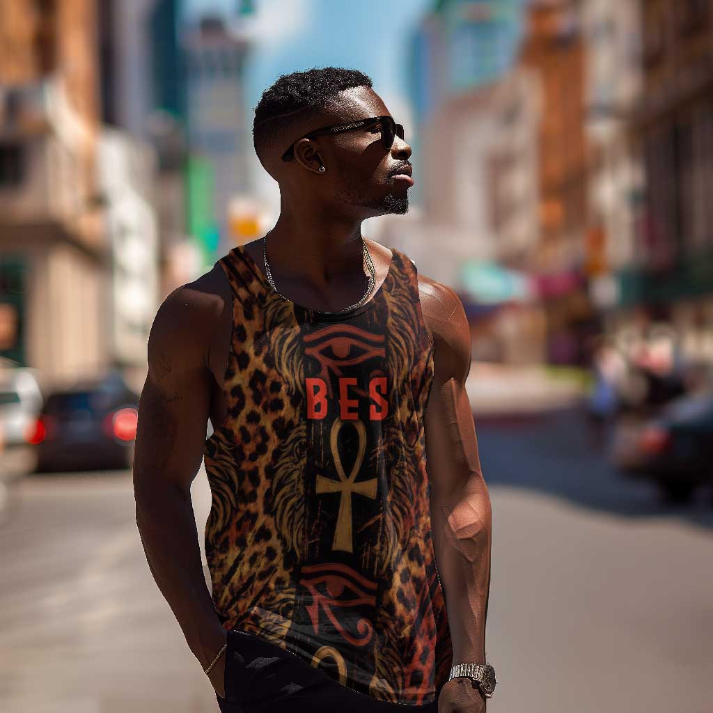 Bes Ancient Egyptian Men Tank Top with Leopard Print Ankh and Eye of Horus Egyptian Deity Tribute - African Pride