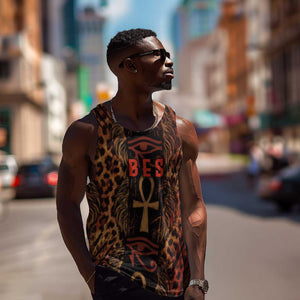 Bes Ancient Egyptian Men Tank Top with Leopard Print Ankh and Eye of Horus Egyptian Deity Tribute - African Pride
