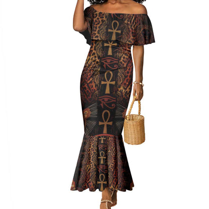 Bes Ancient Egyptian Mermaid Dress with Leopard Print Ankh and Eye of Horus Egyptian Deity Tribute - African Pride