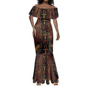 Bes Ancient Egyptian Mermaid Dress with Leopard Print Ankh and Eye of Horus Egyptian Deity Tribute - African Pride