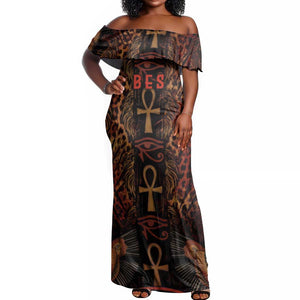 Bes Ancient Egyptian Off Shoulder Maxi Dress with Leopard Print Ankh and Eye of Horus Egyptian Deity Tribute - African Pride