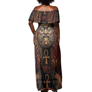 Bes Ancient Egyptian Off Shoulder Maxi Dress with Leopard Print Ankh and Eye of Horus Egyptian Deity Tribute - African Pride
