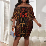 Bes Ancient Egyptian Off Shoulder Short Dress with Leopard Print Ankh and Eye of Horus Egyptian Deity Tribute - African Pride