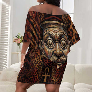 Bes Ancient Egyptian Off Shoulder Short Dress with Leopard Print Ankh and Eye of Horus Egyptian Deity Tribute - African Pride