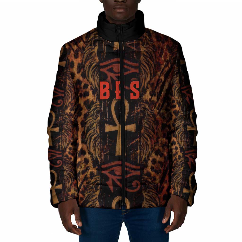 Bes Ancient Egyptian Padded Jacket with Leopard Print Ankh and Eye of Horus Egyptian Deity Tribute - African Pride