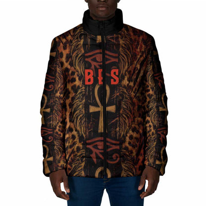 Bes Ancient Egyptian Padded Jacket with Leopard Print Ankh and Eye of Horus Egyptian Deity Tribute - African Pride