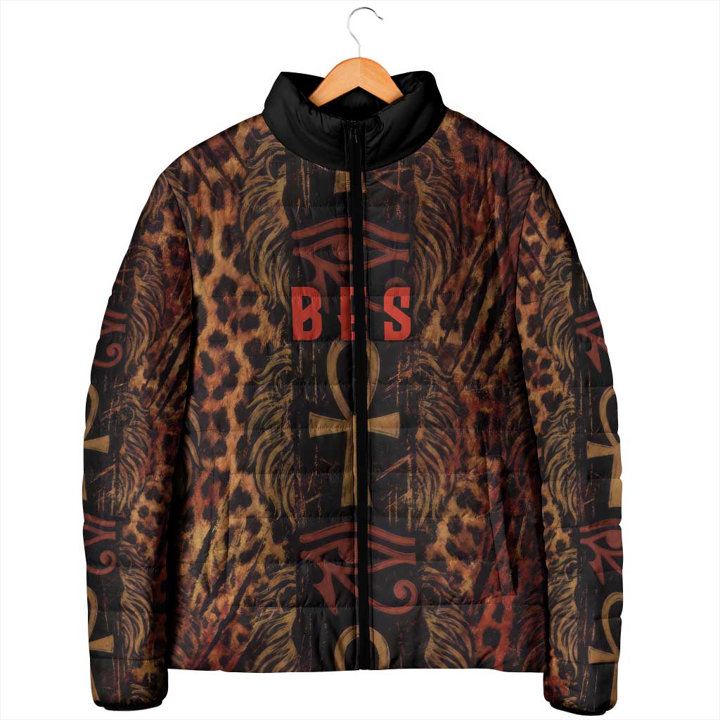 Bes Ancient Egyptian Padded Jacket with Leopard Print Ankh and Eye of Horus Egyptian Deity Tribute - African Pride