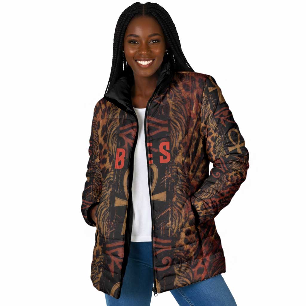 Bes Ancient Egyptian Padded Jacket with Leopard Print Ankh and Eye of Horus Egyptian Deity Tribute - African Pride