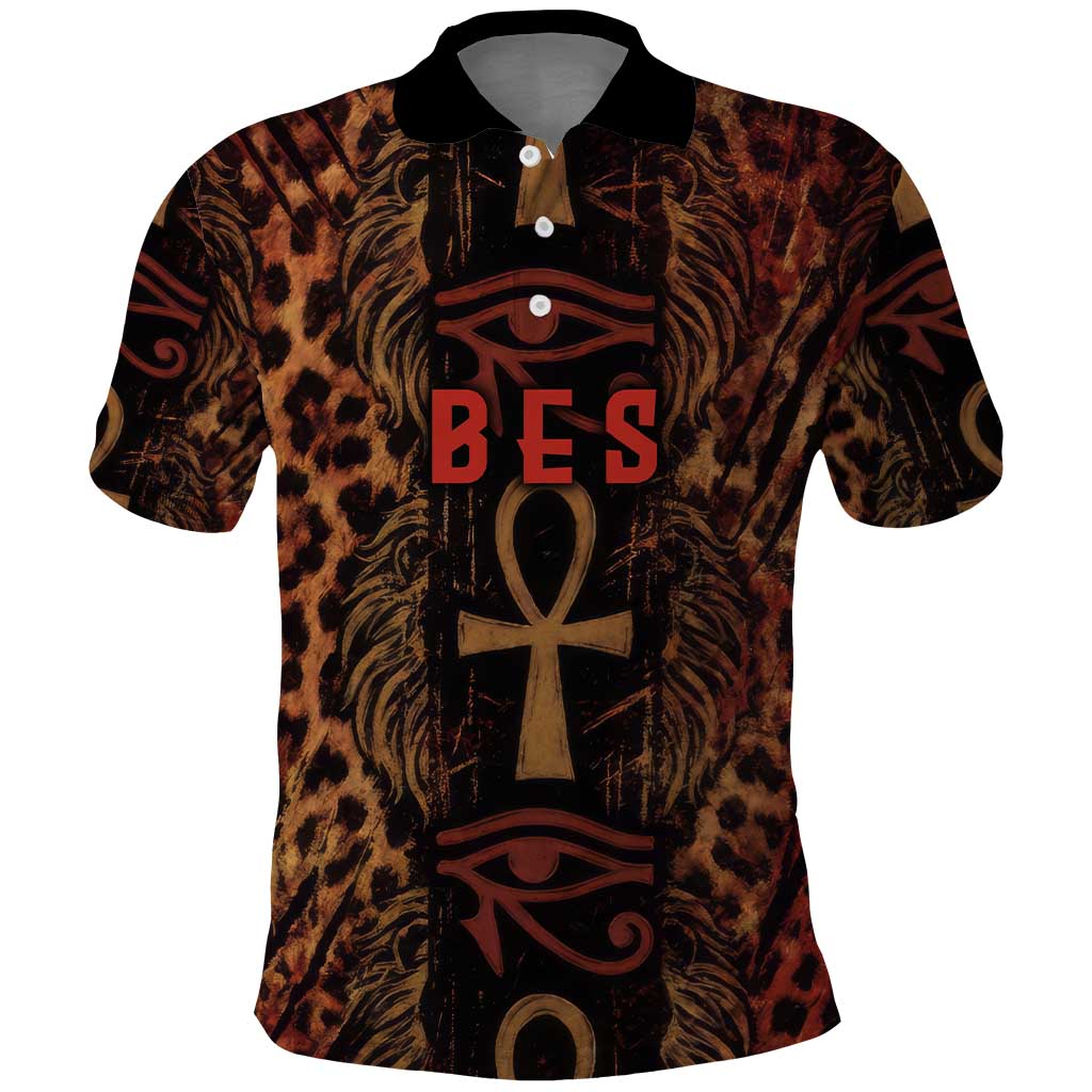 Bes Ancient Egyptian Polo Shirt with Leopard Print Ankh and Eye of Horus Egyptian Deity Tribute - African Pride