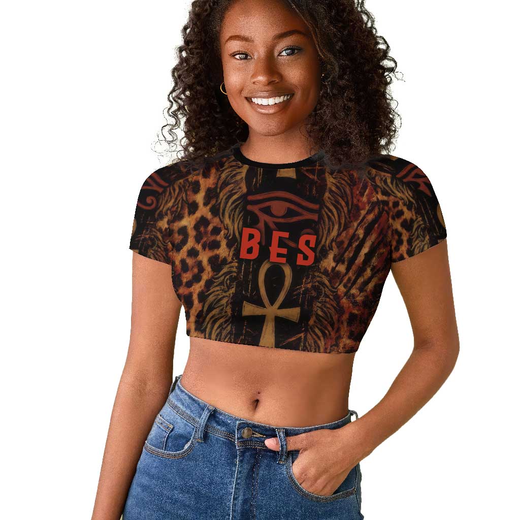 Bes Ancient Egyptian Raglan Cropped T shirt with Leopard Print Ankh and Eye of Horus Egyptian Deity Tribute - African Pride