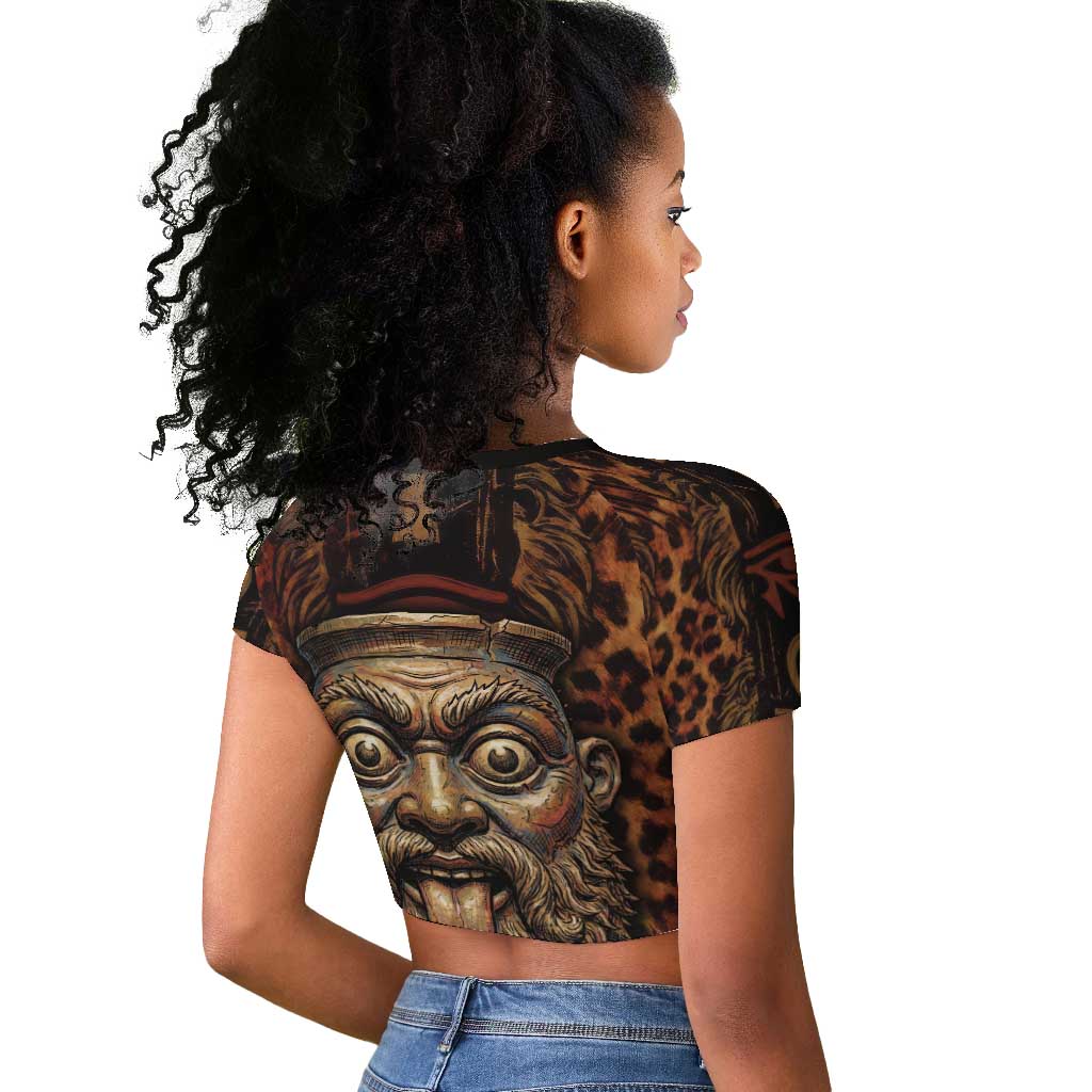 Bes Ancient Egyptian Raglan Cropped T shirt with Leopard Print Ankh and Eye of Horus Egyptian Deity Tribute - African Pride