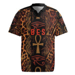 Bes Ancient Egyptian Rugby Jersey with Leopard Print Ankh and Eye of Horus Egyptian Deity Tribute - African Pride