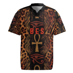 Bes Ancient Egyptian Rugby Jersey with Leopard Print Ankh and Eye of Horus Egyptian Deity Tribute - African Pride