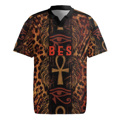 Bes Ancient Egyptian Rugby Jersey with Leopard Print Ankh and Eye of Horus Egyptian Deity Tribute - African Pride