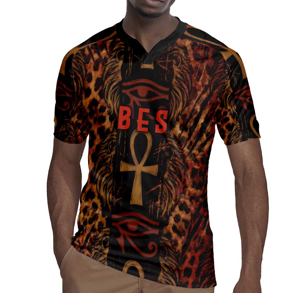 Bes Ancient Egyptian Rugby Jersey with Leopard Print Ankh and Eye of Horus Egyptian Deity Tribute - African Pride
