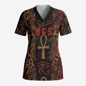 Bes Ancient Egyptian Scrub Top with Leopard Print Ankh and Eye of Horus Egyptian Deity Tribute - African Pride