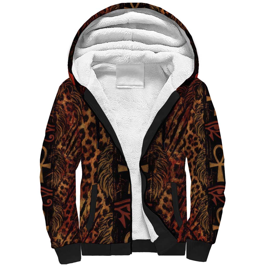 Bes Ancient Egyptian Sherpa Hoodie with Leopard Print Ankh and Eye of Horus Egyptian Deity Tribute - African Pride