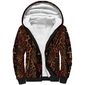 Bes Ancient Egyptian Sherpa Hoodie with Leopard Print Ankh and Eye of Horus Egyptian Deity Tribute - African Pride