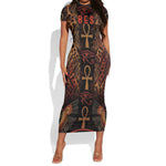 Bes Ancient Egyptian Short Sleeve Bodycon Dress with Leopard Print Ankh and Eye of Horus Egyptian Deity Tribute - African Pride