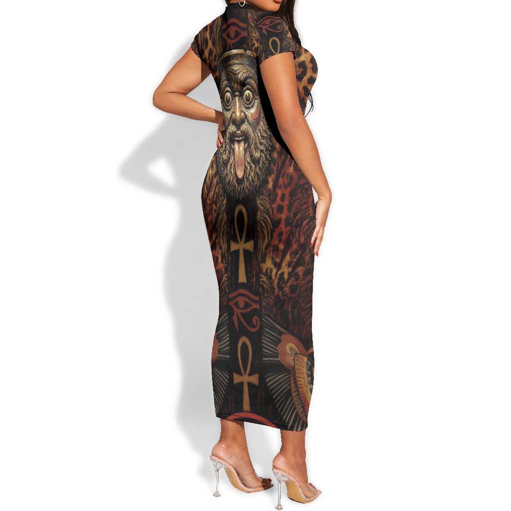 Bes Ancient Egyptian Short Sleeve Bodycon Dress with Leopard Print Ankh and Eye of Horus Egyptian Deity Tribute - African Pride