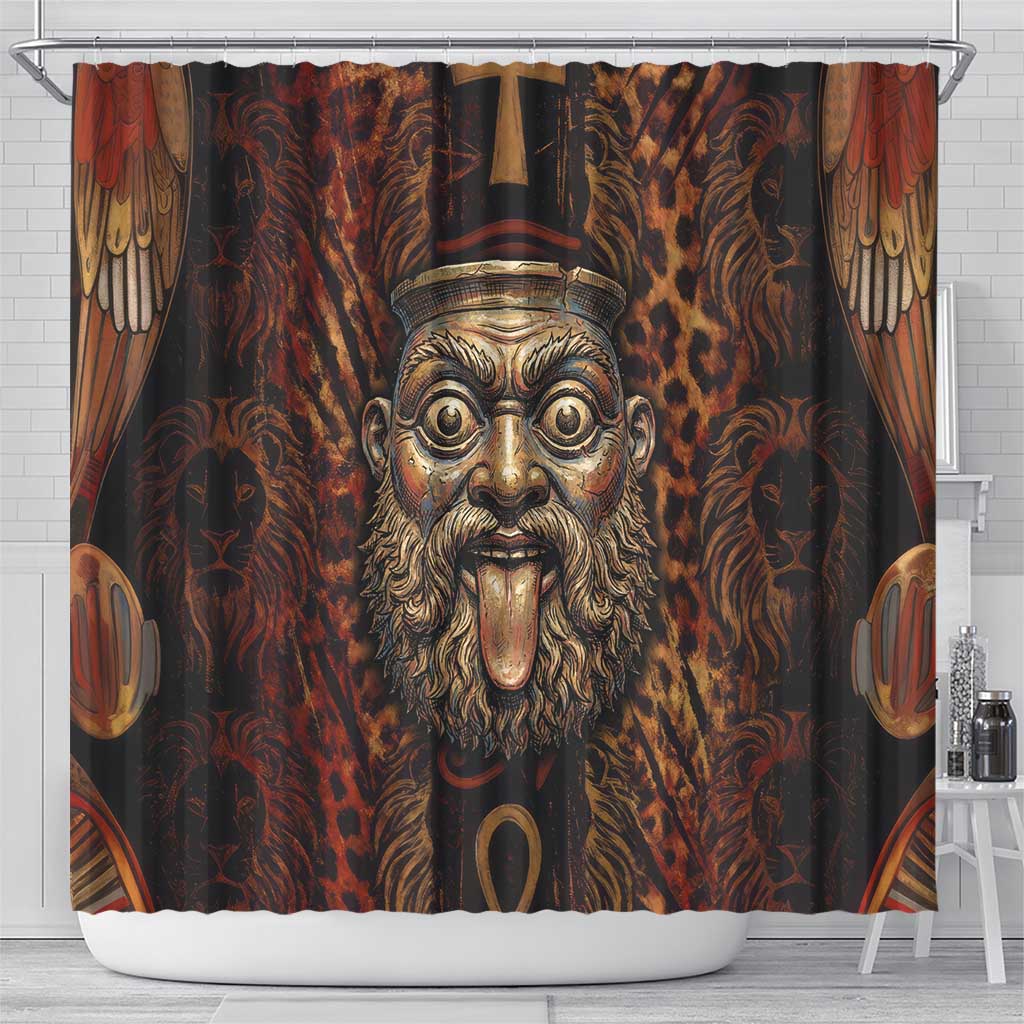 Bes Ancient Egyptian Shower Curtain with Leopard Print Ankh and Eye of Horus Egyptian Deity Tribute - African Pride