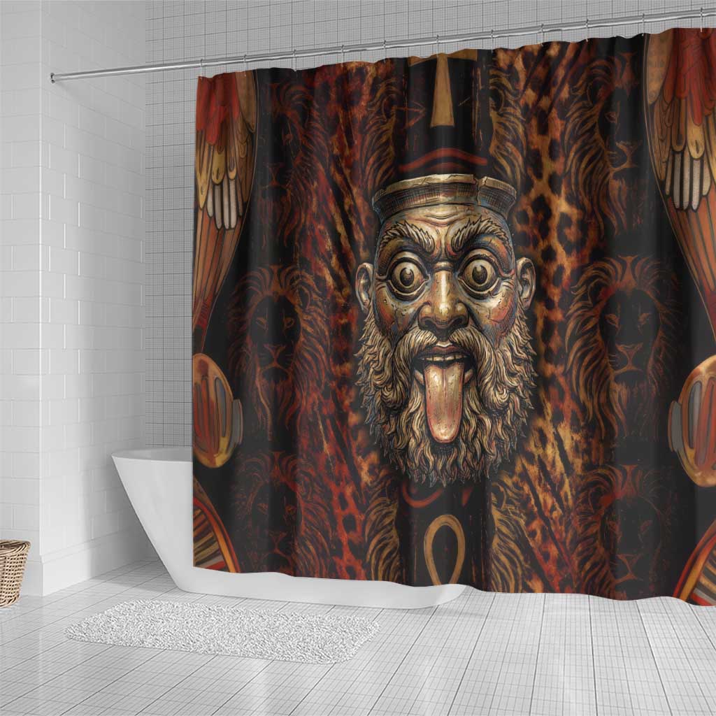 Bes Ancient Egyptian Shower Curtain with Leopard Print Ankh and Eye of Horus Egyptian Deity Tribute - African Pride
