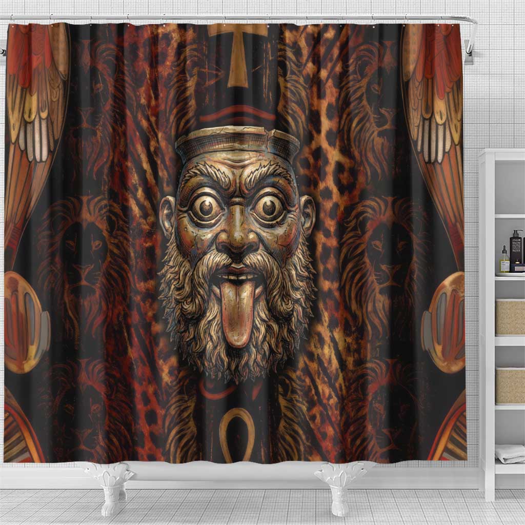 Bes Ancient Egyptian Shower Curtain with Leopard Print Ankh and Eye of Horus Egyptian Deity Tribute - African Pride