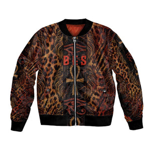 Bes Ancient Egyptian Sleeve Zip Bomber Jacket with Leopard Print Ankh and Eye of Horus Egyptian Deity Tribute - African Pride