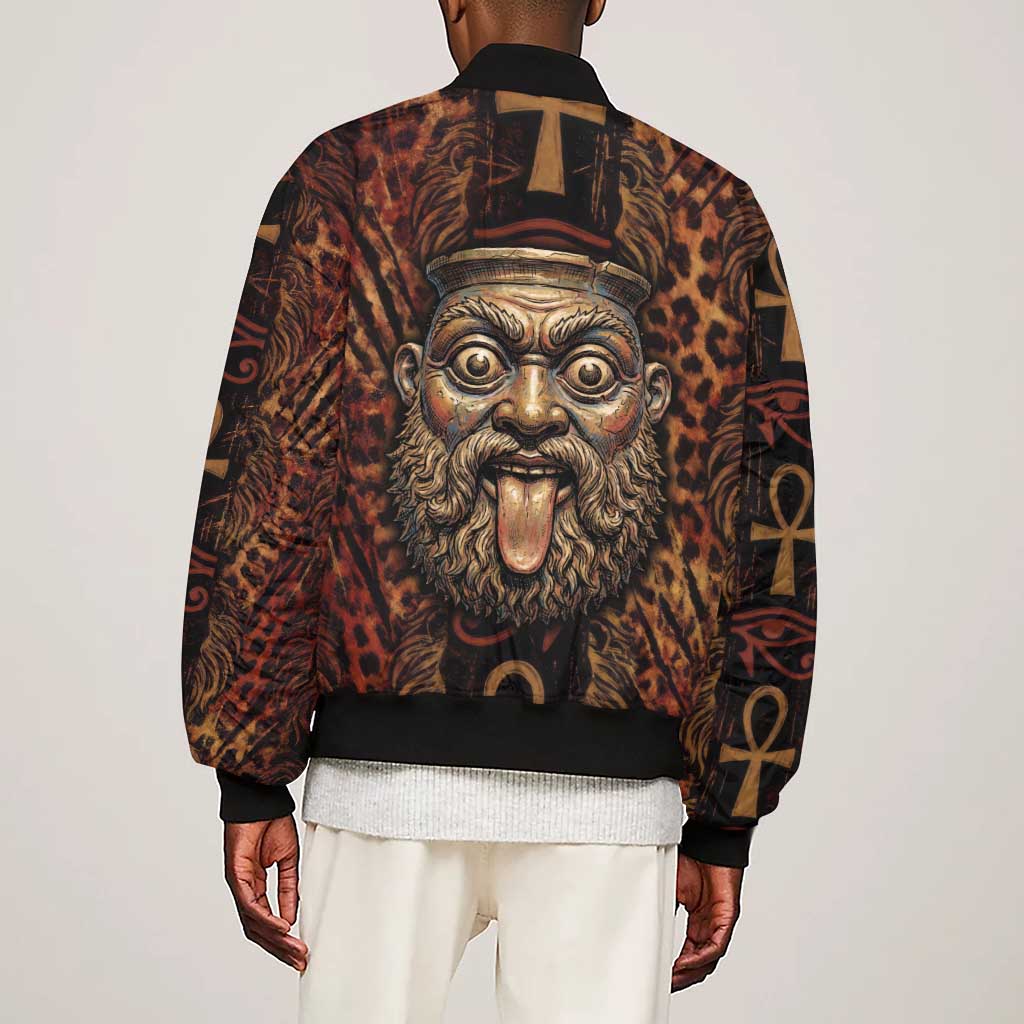 Bes Ancient Egyptian Sleeve Zip Bomber Jacket with Leopard Print Ankh and Eye of Horus Egyptian Deity Tribute - African Pride